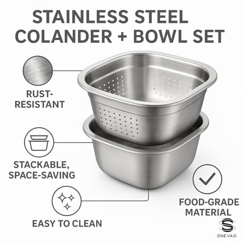 Snevad Square Stainless Steel Fruit, Rice, Pasta, Vegetable Washing Basket Set of 2 Kitchen Tools & Gadgets Drain Basket Kitchen Colanders Strainer Bowl Washing Food Mesh Strainer Colander – Silver - Image 4