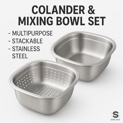 Snevad Square Stainless Steel Fruit, Rice, Pasta, Vegetable Washing Basket Set of 2 Kitchen Tools & Gadgets Drain Basket Kitchen Colanders Strainer Bowl Washing Food Mesh Strainer Colander – Silver - Image 2