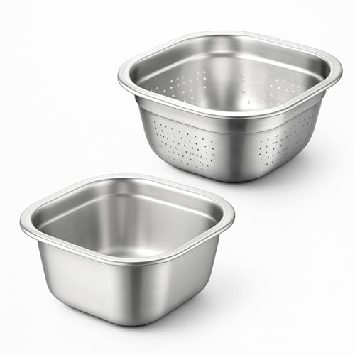 Snevad Square Stainless Steel Fruit, Rice, Pasta, Vegetable Washing Basket Set of 2 Kitchen Tools & Gadgets Drain Basket Kitchen Colanders Strainer Bowl Washing Food Mesh Strainer Colander – Silver - Image 1