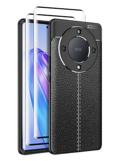 Homeosoobone Compatible Huawei Honor X9A 5G Case Anti-Slip Lychee Pattern Cover with 2 Tempered Glass Screen Protector Black  - Image 1