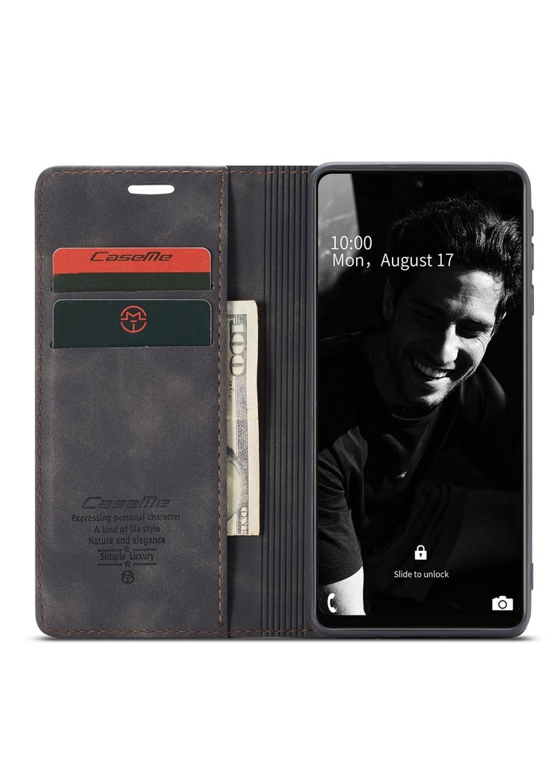 CaseMe Phone Case Luxury PU Leather Design 013 Flip Cover Card Slot Holder Cover For Samsung Galaxy A72 (Black) - Image 3