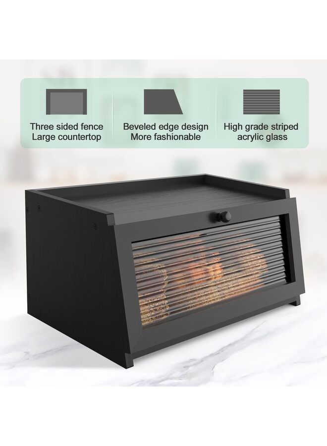 يُسلِّم صندوق خبز لطاولة المطبخ، صندوق خبز كبير، حاوية خبز المزرعة، تخزين الخبز مع حامل خبز للنافذة (الحجم: أسود) - Image 2