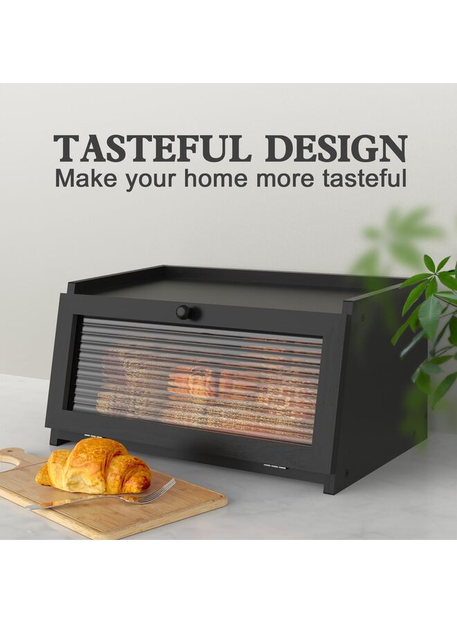 يُسلِّم صندوق خبز لطاولة المطبخ، صندوق خبز كبير، حاوية خبز المزرعة، تخزين الخبز مع حامل خبز للنافذة (الحجم: أسود) - Image 4