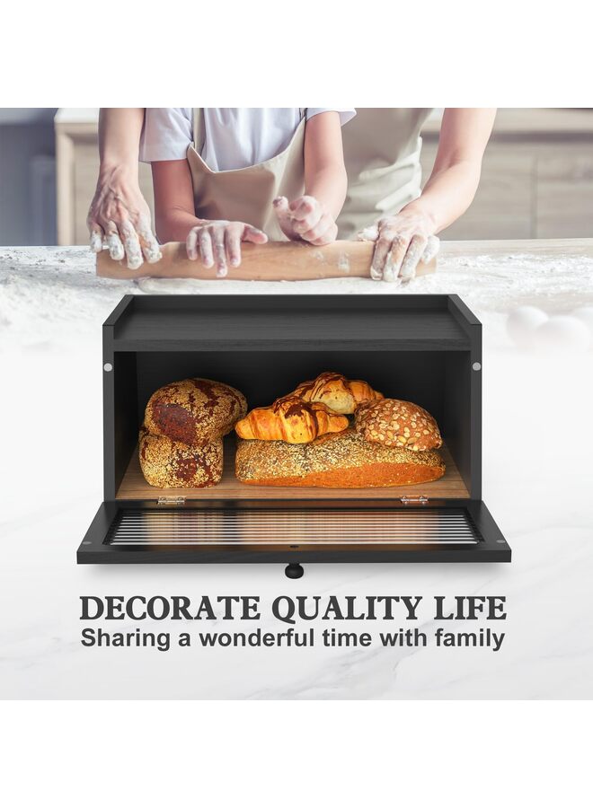 يُسلِّم صندوق خبز لطاولة المطبخ، صندوق خبز كبير، حاوية خبز المزرعة، تخزين الخبز مع حامل خبز للنافذة (الحجم: أسود) - Image 5