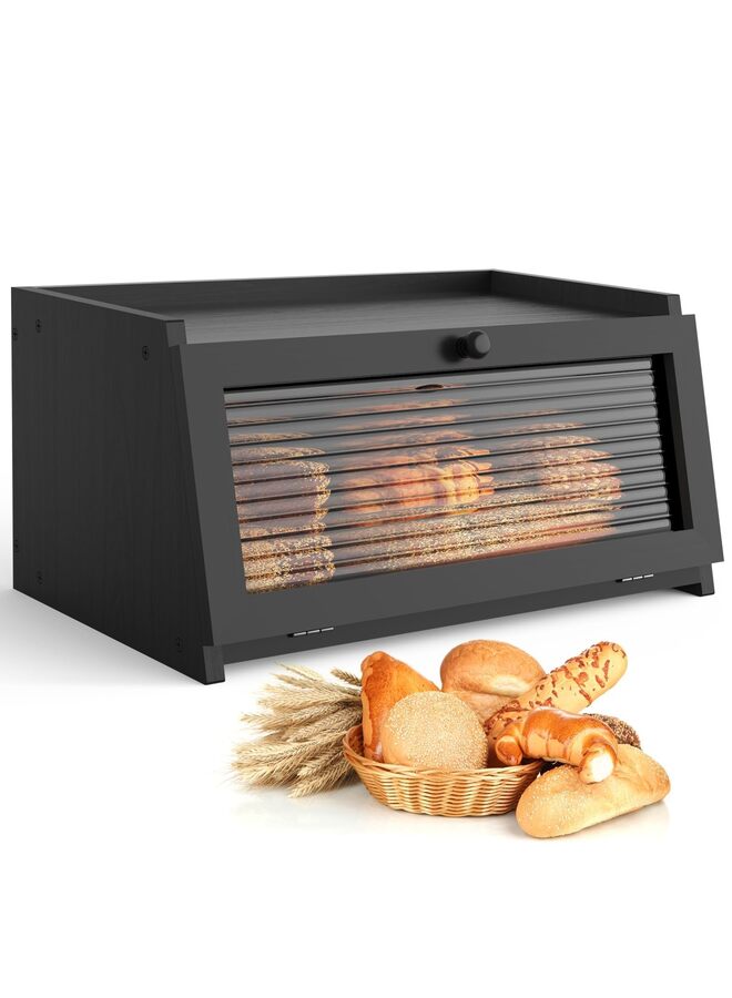 يُسلِّم صندوق خبز لطاولة المطبخ، صندوق خبز كبير، حاوية خبز المزرعة، تخزين الخبز مع حامل خبز للنافذة (الحجم: أسود) - Image 1