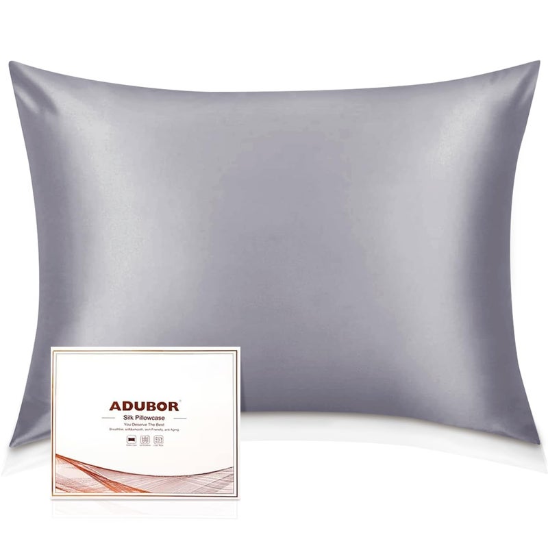 Adubor 100 Silk Pillowcase Mulberry Silk Pillow Cases 23 Momme 6A Grade Fibers Silk Pillow Case for Hair and Skin Health with Hidden Zipper Queen 20x30 Light Gray 1PC