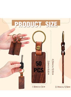 Excefore Wood Keychain Blanks No Engraving Rectangular Key Chain with Leather Ring DIY Lettering Pattern for Bag Ornaments Luggage Name Tags Ornaments with Holes Wedding Birthday Party Gift 10 PCS  - Image 2
