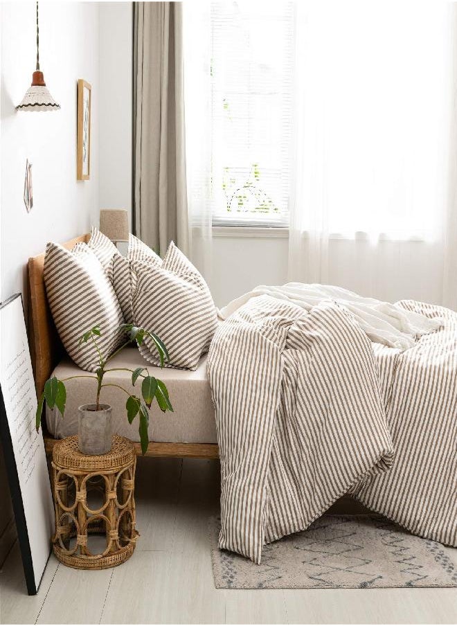 JELLYMONI JELLYMONI 100% Natural Cotton 3pcs Striped Duvet Cover Sets,White Duvet Cover with Khaki Stripes Pattern Printed Comforter Cover,with Zipper Closure & Corner Ties(King Size)  - Image 3