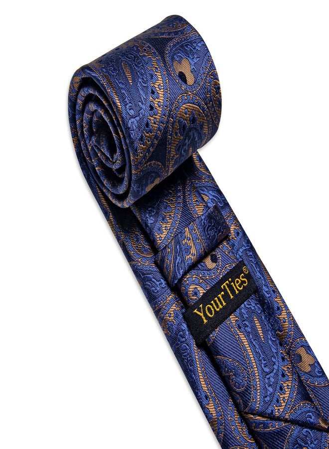 YourTies Silk Paisley Floral Tie and Pocket Square Cufflinks with Lapel Pin Sets for Men 5PC Wedding Party, Blue Gold Paisley, M - Image 4