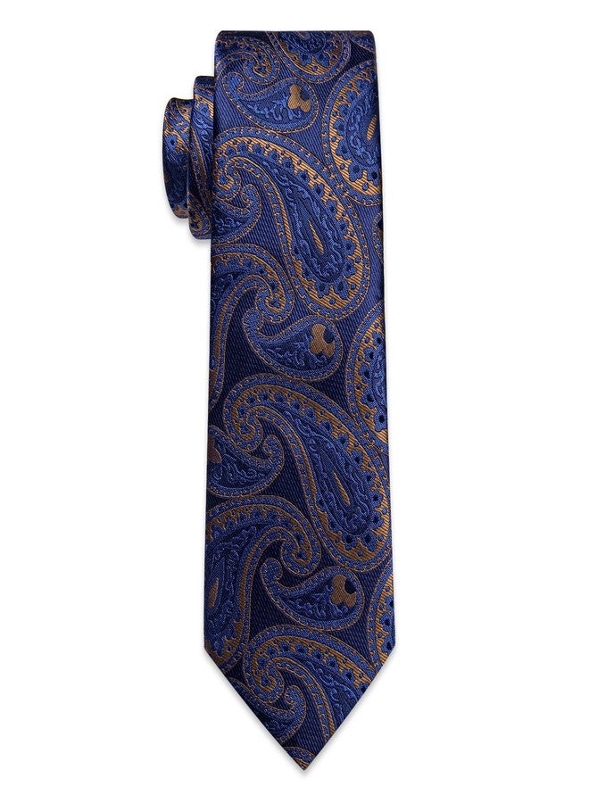 YourTies Silk Paisley Floral Tie and Pocket Square Cufflinks with Lapel Pin Sets for Men 5PC Wedding Party, Blue Gold Paisley, M - Image 5