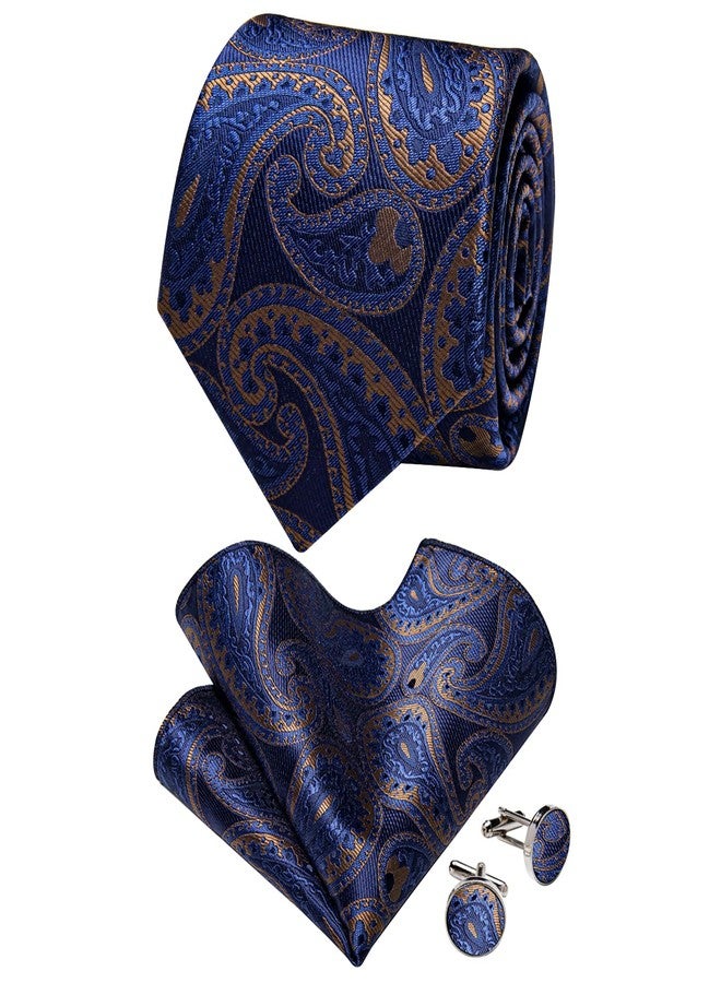 YourTies Silk Paisley Floral Tie and Pocket Square Cufflinks with Lapel Pin Sets for Men 5PC Wedding Party, Blue Gold Paisley, M - Image 2