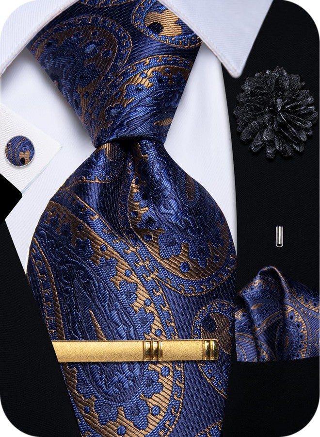 YourTies Silk Paisley Floral Tie and Pocket Square Cufflinks with Lapel Pin Sets for Men 5PC Wedding Party, Blue Gold Paisley, M - Image 1
