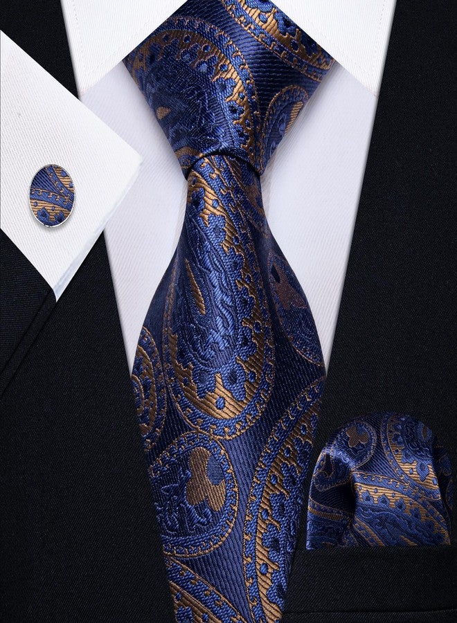 YourTies Silk Paisley Floral Tie and Pocket Square Cufflinks with Lapel Pin Sets for Men 5PC Wedding Party, Blue Gold Paisley, M - Image 3