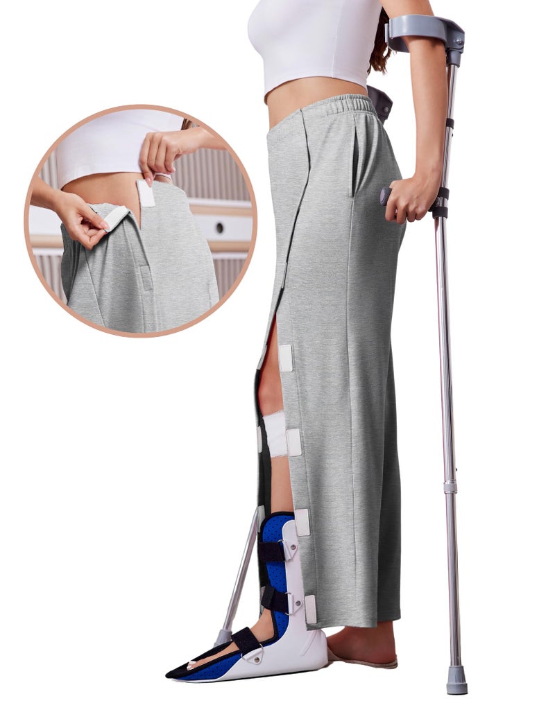 Deyeek Post Surgery Pants for Women Snap On Tear Away Pants After Knee Hip Surgery Adaptive Open Leg Surgical Sweatpants Grey - Image 4