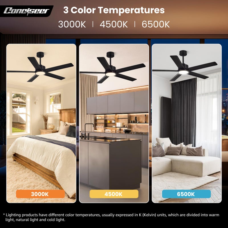 Conciseer Modern Ceiling Fans with Lights,52 Inch Ceiling Fans with Remote for Bedroom Living Room Kitchen, 18W 3CCT Dimmableï¼Œ5 Blades 6 Speed Reversible Quiet DC Motor Black - Image 5