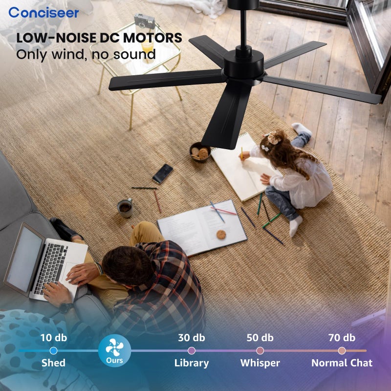 Conciseer Modern Ceiling Fans with Lights,52 Inch Ceiling Fans with Remote for Bedroom Living Room Kitchen, 18W 3CCT Dimmableï¼Œ5 Blades 6 Speed Reversible Quiet DC Motor Black - Image 2