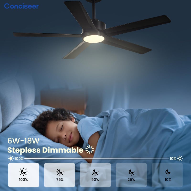 Conciseer Modern Ceiling Fans with Lights,52 Inch Ceiling Fans with Remote for Bedroom Living Room Kitchen, 18W 3CCT Dimmableï¼Œ5 Blades 6 Speed Reversible Quiet DC Motor Black - Image 3