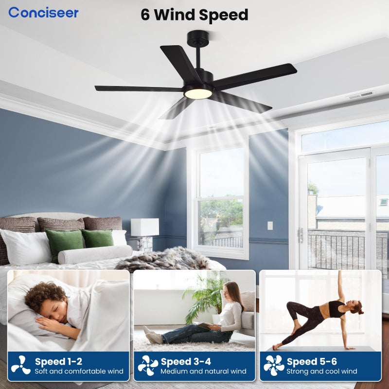 Conciseer Modern Ceiling Fans with Lights,52 Inch Ceiling Fans with Remote for Bedroom Living Room Kitchen, 18W 3CCT Dimmableï¼Œ5 Blades 6 Speed Reversible Quiet DC Motor Black - Image 4