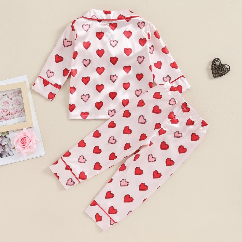 BULINGNA Kids Toddler Girl Two Piece Pajamas Set Heart Shape Pajamas Top with Pajamas Pants Satin Sleepwear (Red, 18-24 Months) - Image 3