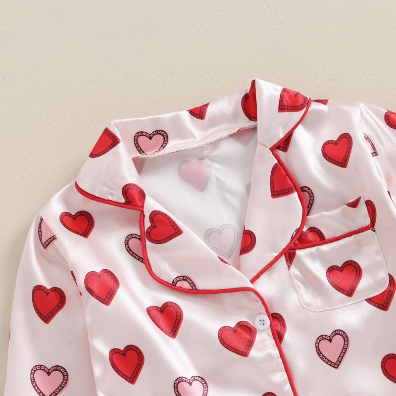 BULINGNA Kids Toddler Girl Two Piece Pajamas Set Heart Shape Pajamas Top with Pajamas Pants Satin Sleepwear (Red, 18-24 Months) - Image 4