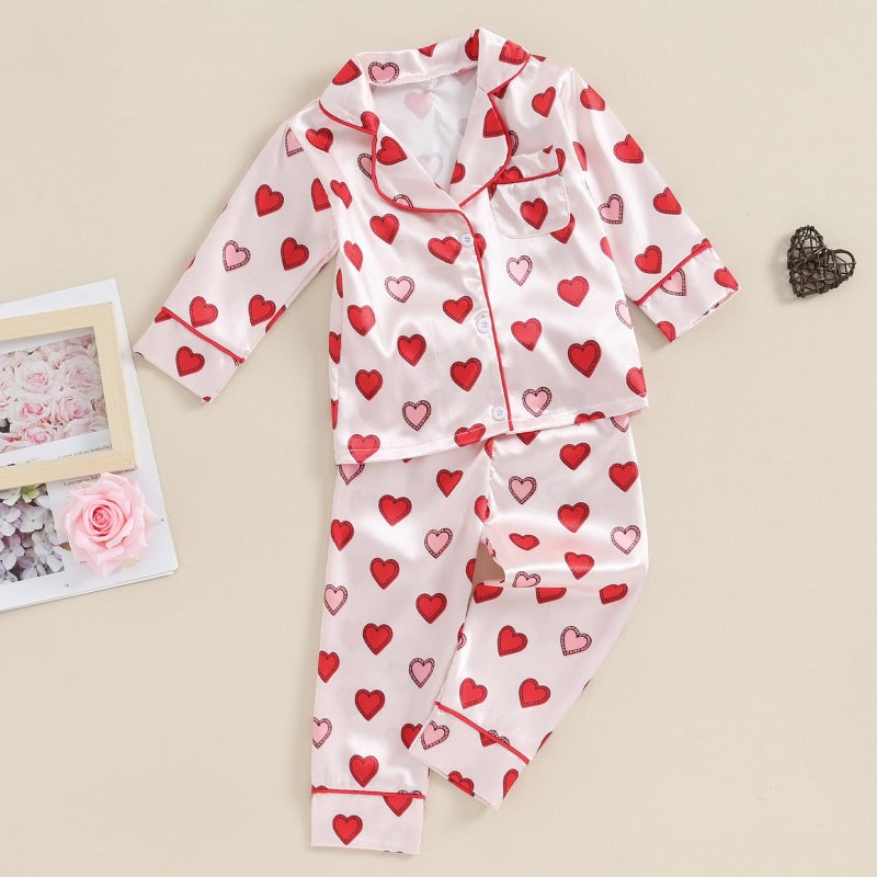 BULINGNA Kids Toddler Girl Two Piece Pajamas Set Heart Shape Pajamas Top with Pajamas Pants Satin Sleepwear (Red, 18-24 Months) - Image 2