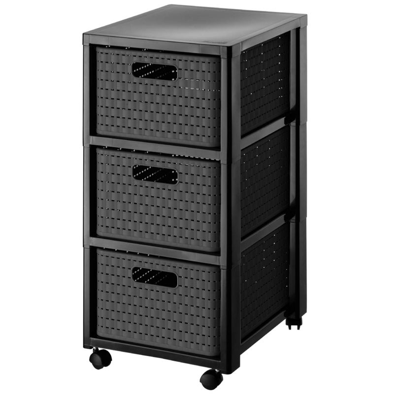 Rotho Country Rolling container with 3 drawers in rattan look Plastic PP BPA anthracite 3 x A418l 375 x 325 x 712 cm