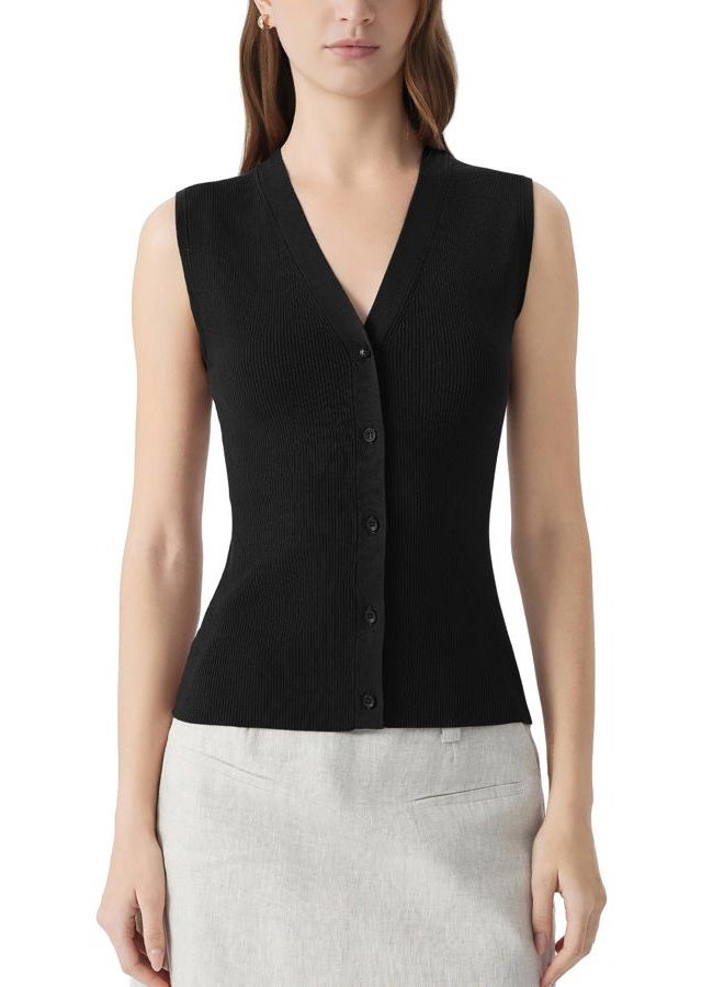 SUUKSESS Women Button Down Vest Tops Summer V Neck Sleeveless Tank Tops Business Casual Sweater Vest, 01 Black, M - Image 1