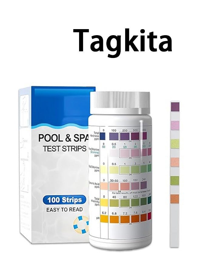 Tagkita 【Upgraded】Pool Test Strips 100 Count - 7 Way Pool Chemical Testing Kit for Chlorine, pH, Bromine, Cyanuric Acid, Hardness and Alkalinity Test Strips for Pools and Spas - Image 1
