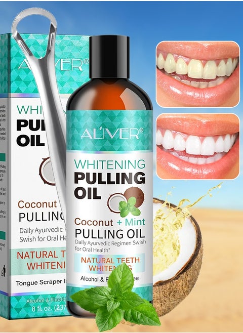 237 ml Coconut Oil Pulling Mouthwash with Coconut and Peppermint Oil Ayurvedic Mouthwash for Fresh Breath Teeth Whitening Mint Pulling Mouthwash Natural Essential Oil Mouthwash with Tongue Scraper