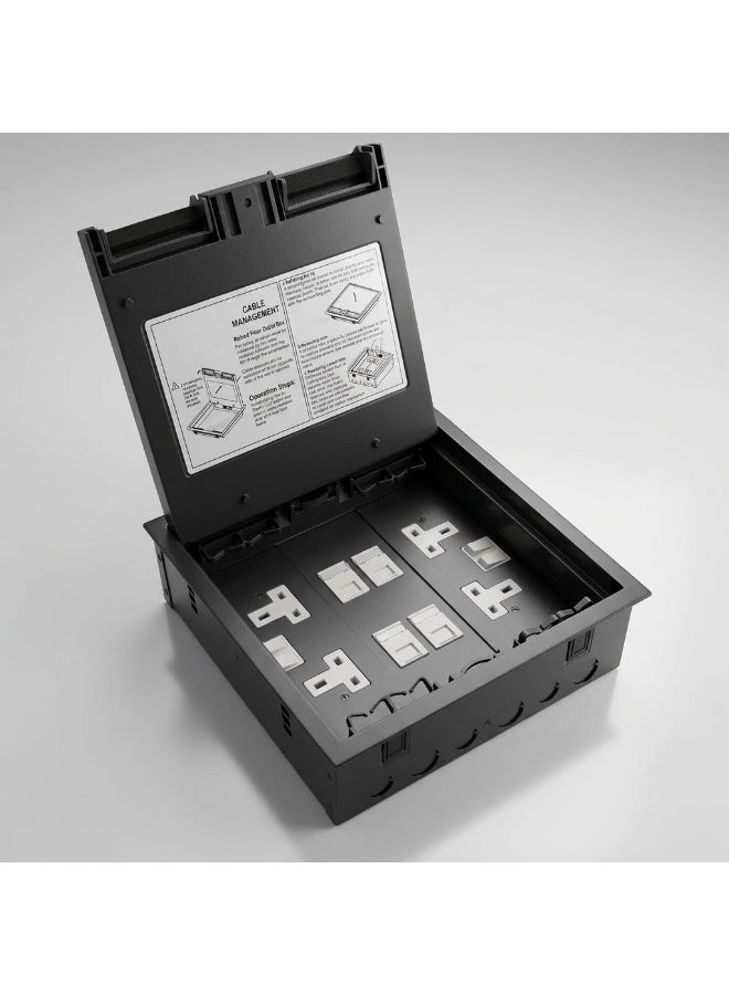 NOVEX NVFDB/3 Fully Loaded Floor Distribution Box for Concrete Floors | 3 Compartment Recessed Underground Cable Management System | 2 Twin 13A Power Sockets + 4 RJ45 Network Ports | Heavy Duty Commercial Floor Box - Image 1
