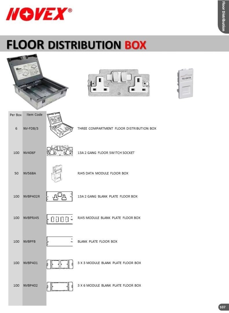 NOVEX NVFDB/3 Fully Loaded Floor Distribution Box for Concrete Floors | 3 Compartment Recessed Underground Cable Management System | 2 Twin 13A Power Sockets + 4 RJ45 Network Ports | Heavy Duty Commercial Floor Box - Image 2