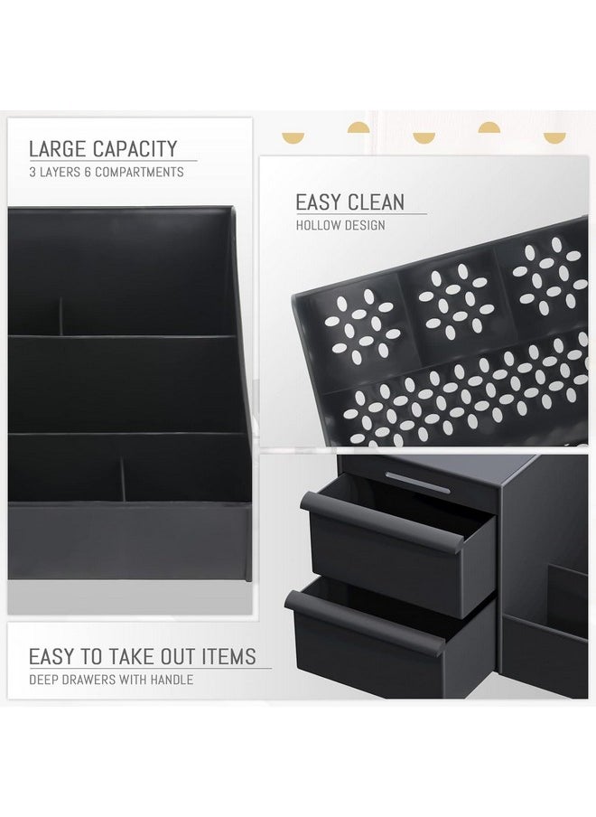 Qshare - Qshare Cosmetic Storage Box - Plastic 2 Drawer Cosmetic Storage Organizer Makeup Eyeshadow Lipsticks Jewelry Stationery, Cosmetic Organiser for Women, Vanity Display Case for Dressing Table (Black) - Image 1