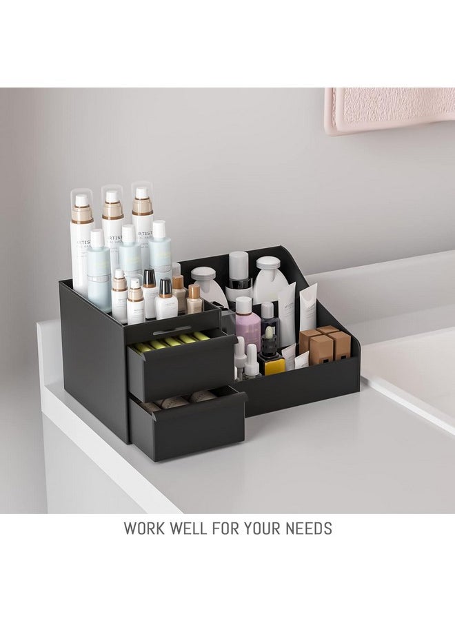Qshare - Qshare Cosmetic Storage Box - Plastic 2 Drawer Cosmetic Storage Organizer Makeup Eyeshadow Lipsticks Jewelry Stationery, Cosmetic Organiser for Women, Vanity Display Case for Dressing Table (Black) - Image 1