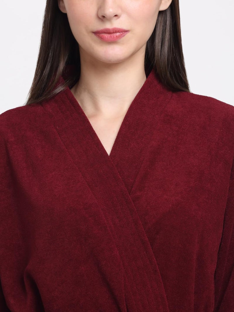 CREEVA Everyday Unisex Micro Terry Bathrobe Collection With kimono collar and 1 Pocket, 3/4 Sleeve Bath Robe Super Soft Light Weight - Wine - Image 5