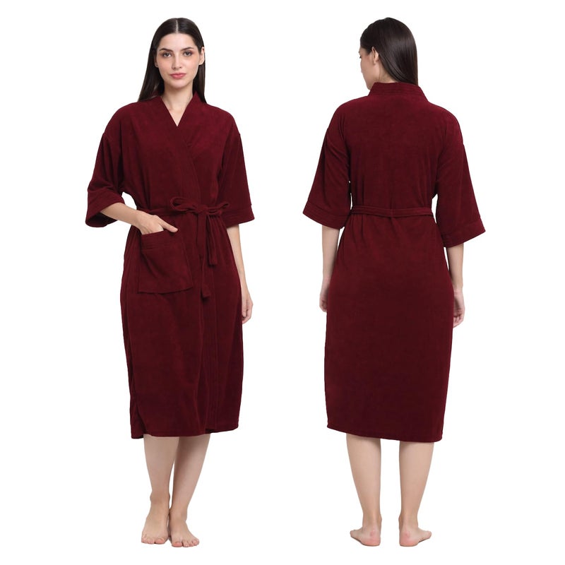 CREEVA Everyday Unisex Micro Terry Bathrobe Collection With kimono collar and 1 Pocket, 3/4 Sleeve Bath Robe Super Soft Light Weight - Wine - Image 1