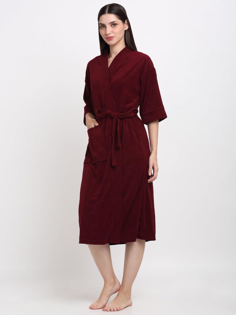 CREEVA Everyday Unisex Micro Terry Bathrobe Collection With kimono collar and 1 Pocket, 3/4 Sleeve Bath Robe Super Soft Light Weight - Wine - Image 2