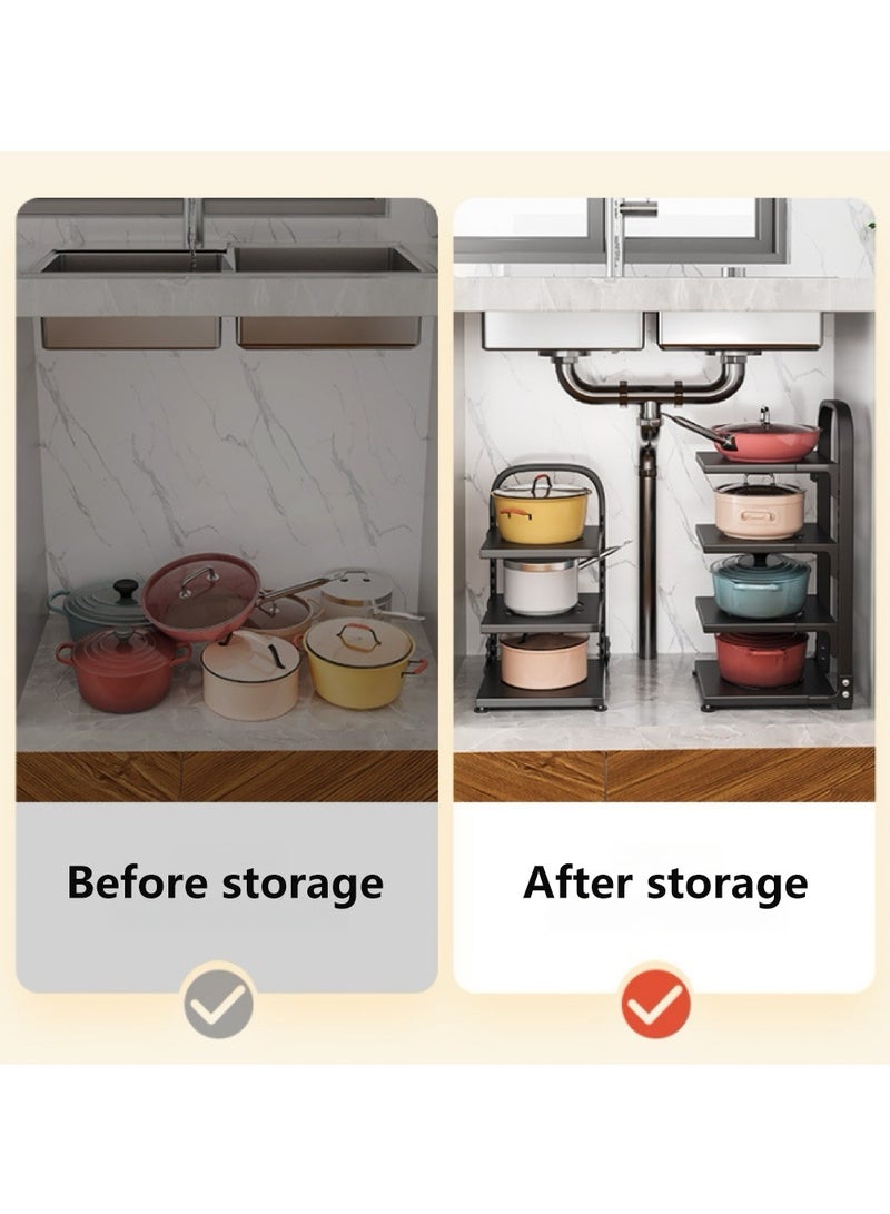 4 طبقة وعاء رف منظم وعاء وعاء منظم مع مقسمات قابلة للتعديل منظم المطبخ الثقيل ورف التخزين لعداد المطبخ وتحت المغسلة - Image 2