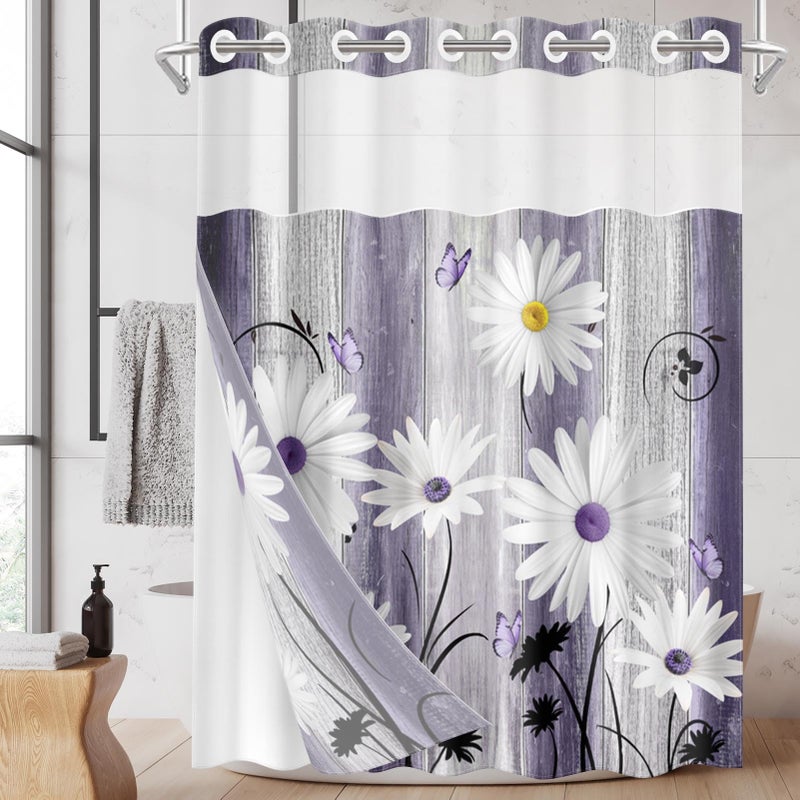 Nesphy No Hook Flower Daisy Shower Curtain with Snap in Fabric Liner Set  Purple Wooden Boards Double Layers Waterproof Fabric with See Through Top Window Open Grommet Bath Curtain 54x80 Inch - Image 1