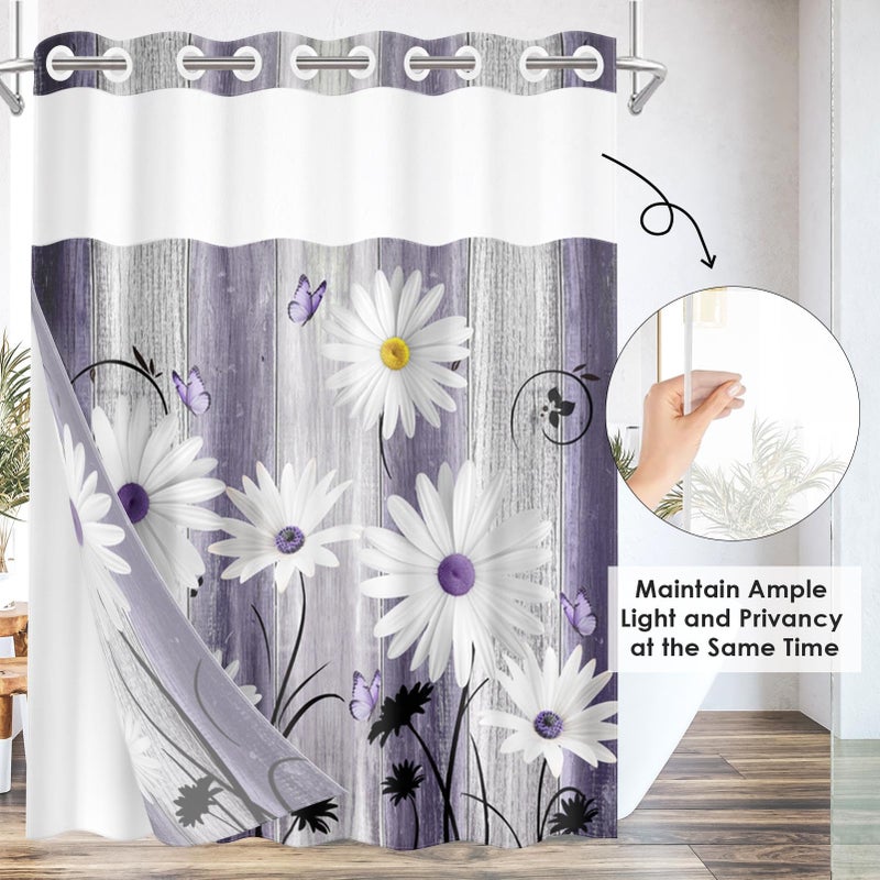 Nesphy No Hook Flower Daisy Shower Curtain with Snap in Fabric Liner Set  Purple Wooden Boards Double Layers Waterproof Fabric with See Through Top Window Open Grommet Bath Curtain 54x80 Inch - Image 3
