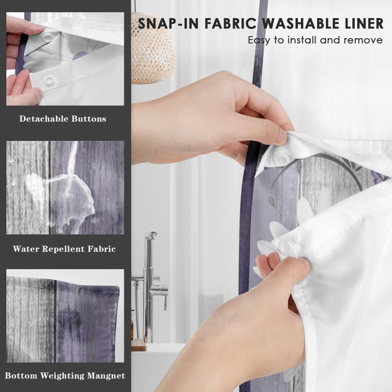 Nesphy No Hook Flower Daisy Shower Curtain with Snap in Fabric Liner Set  Purple Wooden Boards Double Layers Waterproof Fabric with See Through Top Window Open Grommet Bath Curtain 54x80 Inch - Image 4