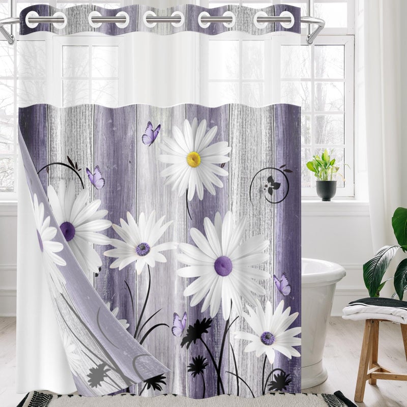 Nesphy No Hook Flower Daisy Shower Curtain with Snap in Fabric Liner Set  Purple Wooden Boards Double Layers Waterproof Fabric with See Through Top Window Open Grommet Bath Curtain 54x80 Inch - Image 5