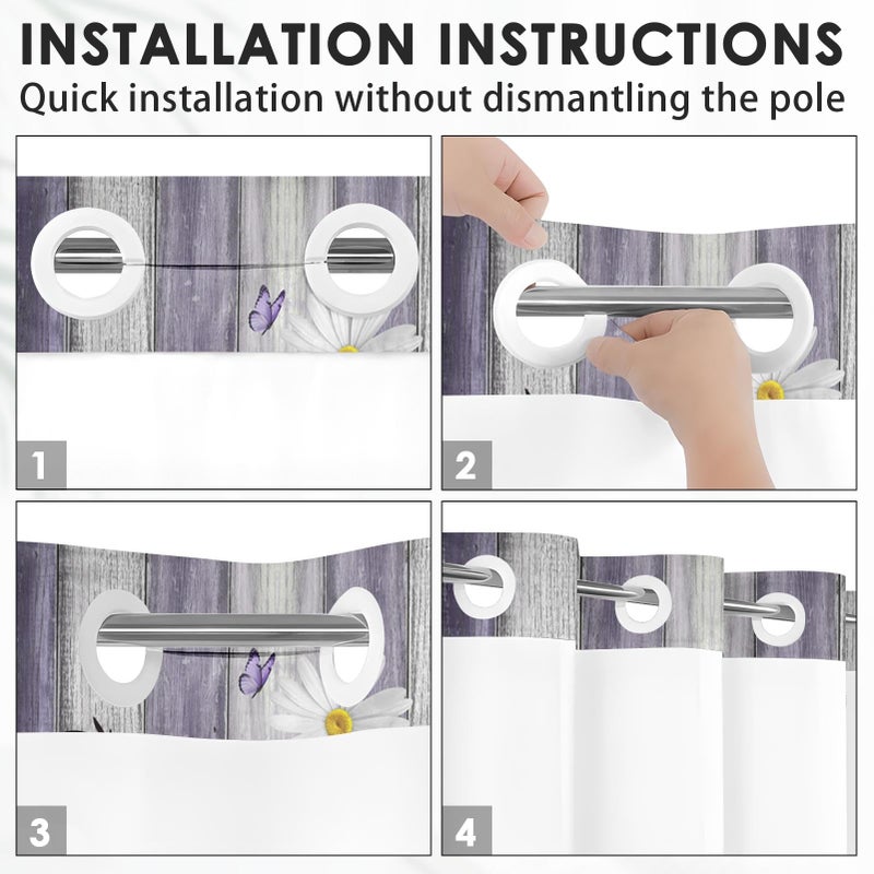 Nesphy No Hook Flower Daisy Shower Curtain with Snap in Fabric Liner Set  Purple Wooden Boards Double Layers Waterproof Fabric with See Through Top Window Open Grommet Bath Curtain 54x80 Inch - Image 2