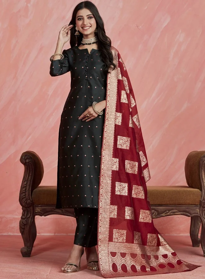 ISHIN Women's Black & Maroon 100% Cotton Printed Straight Fit Kurta Set