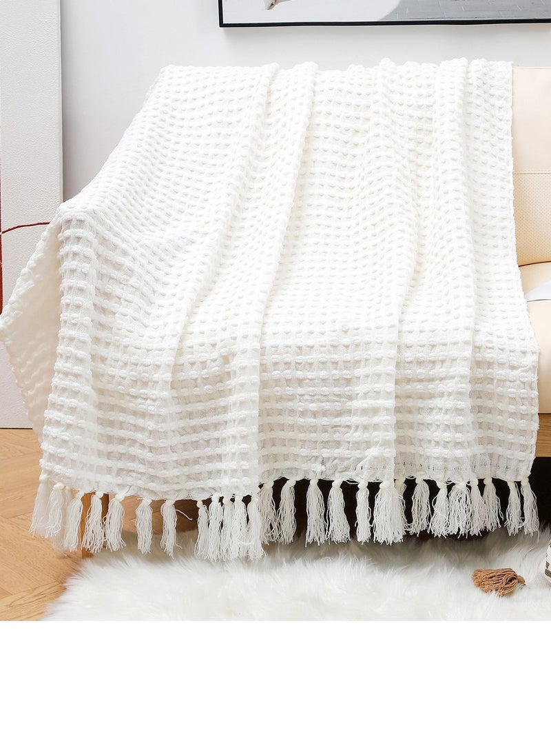 إسكدنيا Tassel Design Knitted Jacquard Weave Soft Throw Blanket White  Tassel Design Knitted Jacquard Weave Soft Throw Blanket White  شرابة تصميم محبوك النسيج الجاكار بطانية لينة بيضاء  - Image 1