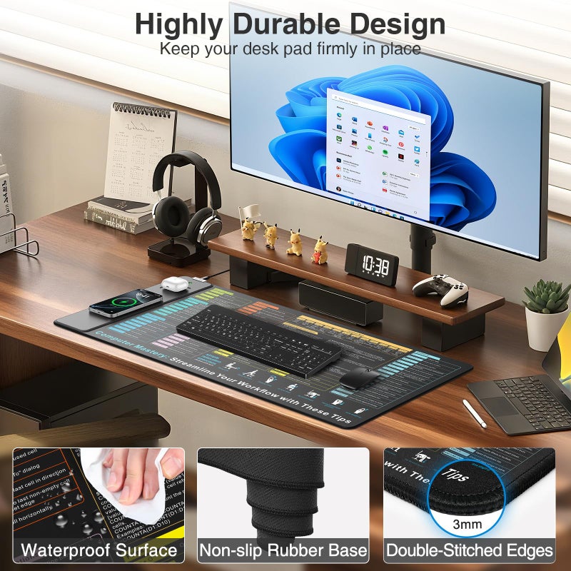 abc.mat Wireless Charging Mouse Pad with Excel Formulas Shortcuts, 31.5"x15.8" Extra Large Office Spreadsheet Cheat Sheet Desk Mat, Waterproof Ultra-Smooth Surface, Non-Slip Base, with 20W PD Adapter - Image 5