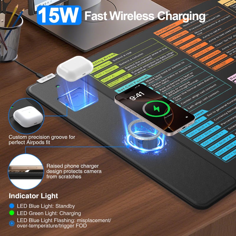 abc.mat Wireless Charging Mouse Pad with Excel Formulas Shortcuts, 31.5"x15.8" Extra Large Office Spreadsheet Cheat Sheet Desk Mat, Waterproof Ultra-Smooth Surface, Non-Slip Base, with 20W PD Adapter - Image 2