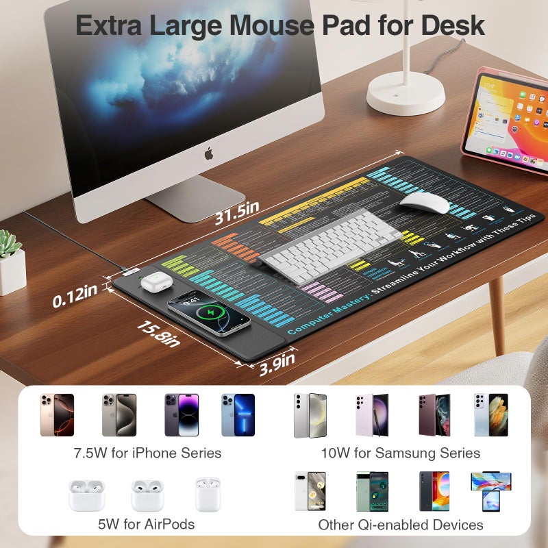 abc.mat Wireless Charging Mouse Pad with Excel Formulas Shortcuts, 31.5"x15.8" Extra Large Office Spreadsheet Cheat Sheet Desk Mat, Waterproof Ultra-Smooth Surface, Non-Slip Base, with 20W PD Adapter - Image 3