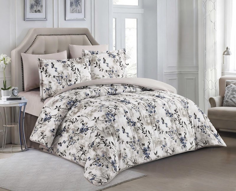 Happymoon Floral Comforter Set Single Size 4 Pieces Microfiber Bedding Set Luxury Soft Bed Set with Fitted Sheet & Pillow Sham, Lightweight All Season Comforter 230x170 cm Snap Closure