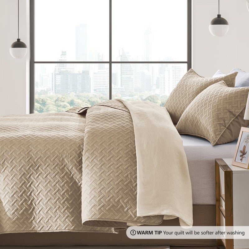 FLYMME Beige King Quilt Bedspreads Modern Style Geometric Weave Stripe Pattern  3 Pieces Lightweight Bedding Sets  Microfiber Quilted Comforter Coverlet for All Season (1 Quilt  2 Shams) - Image 4