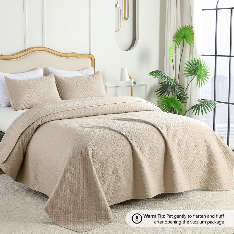 FLYMME Beige King Quilt Bedspreads Modern Style Geometric Weave Stripe Pattern  3 Pieces Lightweight Bedding Sets  Microfiber Quilted Comforter Coverlet for All Season (1 Quilt  2 Shams) - Image 2